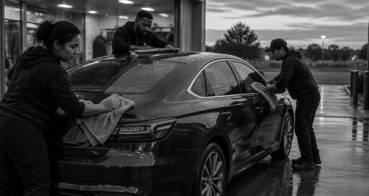 A car wash crew dries a car with towels.