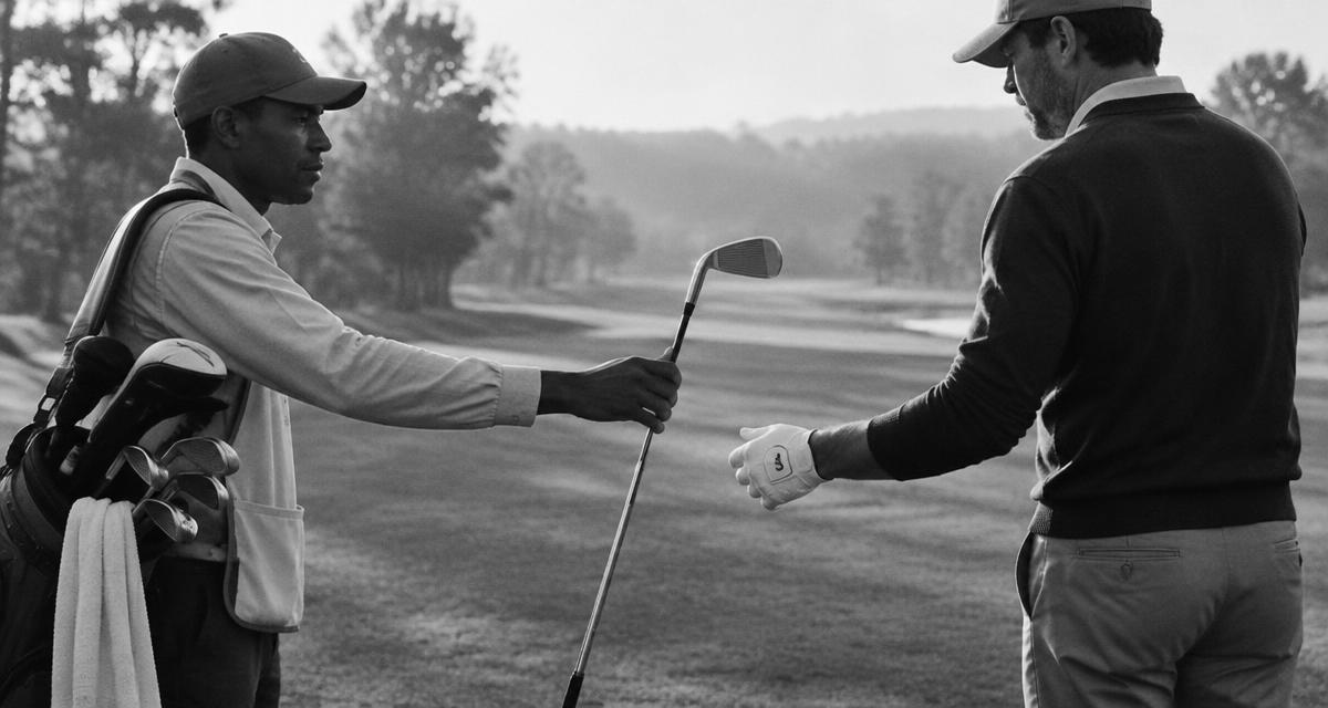A caddie hands a golf club to a golfer on a fairway.